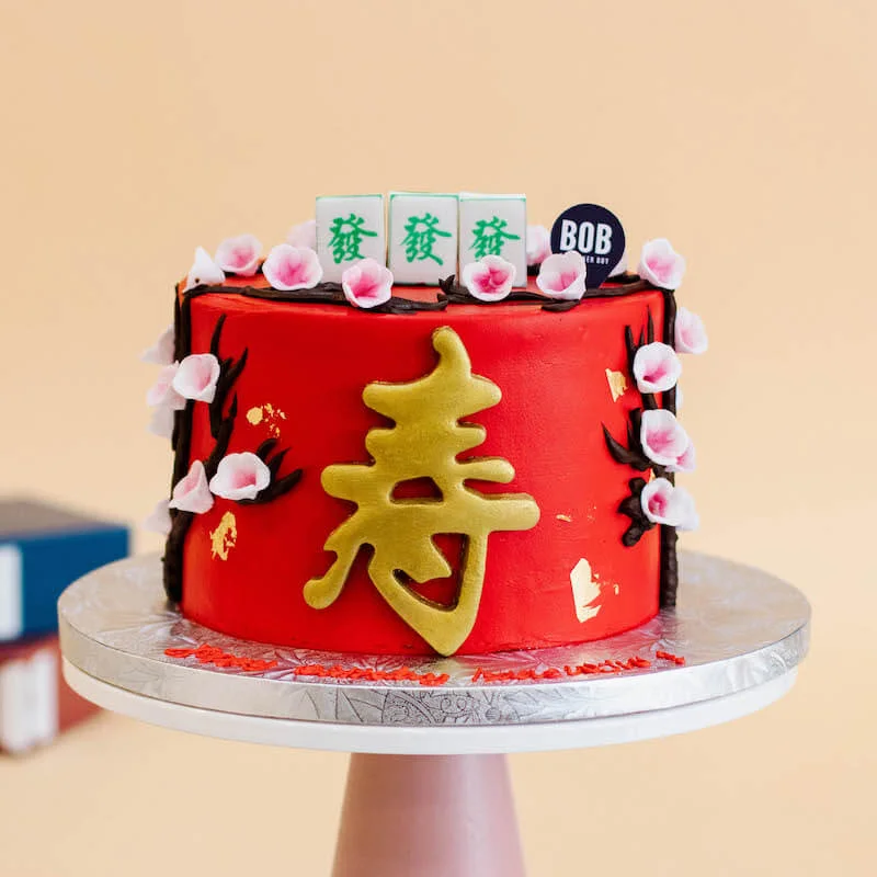 Deep Red Longevity Cake with 3 Mahjong Tiles