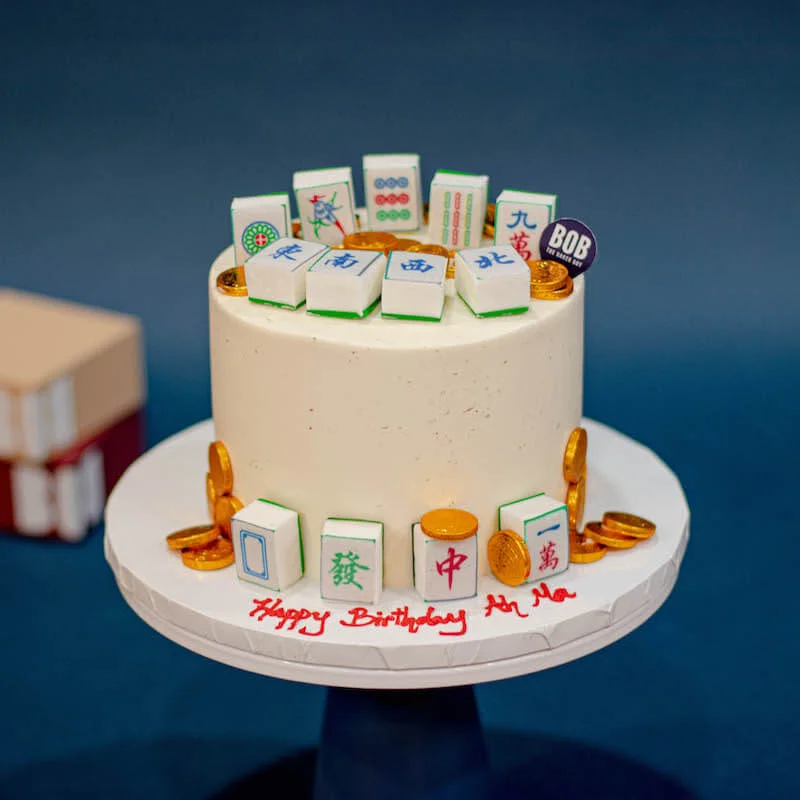Longevity Mahjong Cake with Gold Coins and 13 Mahjong Tiles