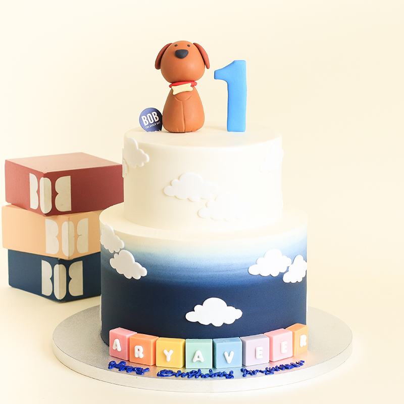 Navy Blue Ombre Cake With Puppy Dog