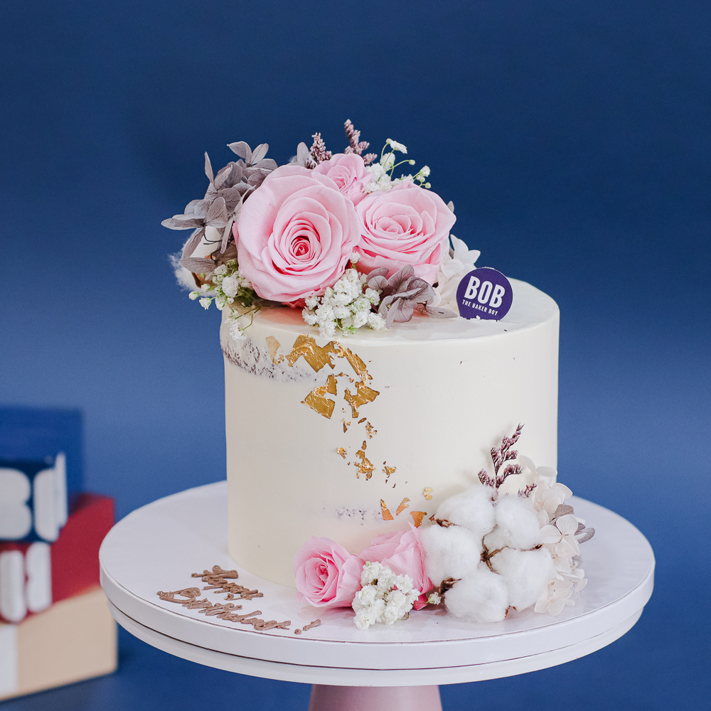 Semi Naked Cotton White Floral Cake with Dusty Pink Accents