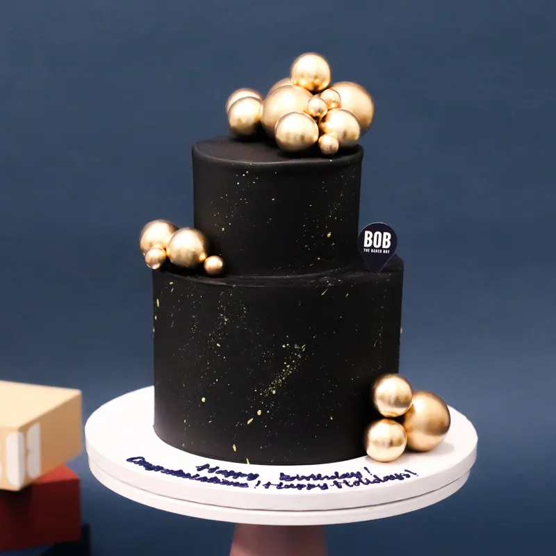 Classic Black And Gold Cake With Gold Balls