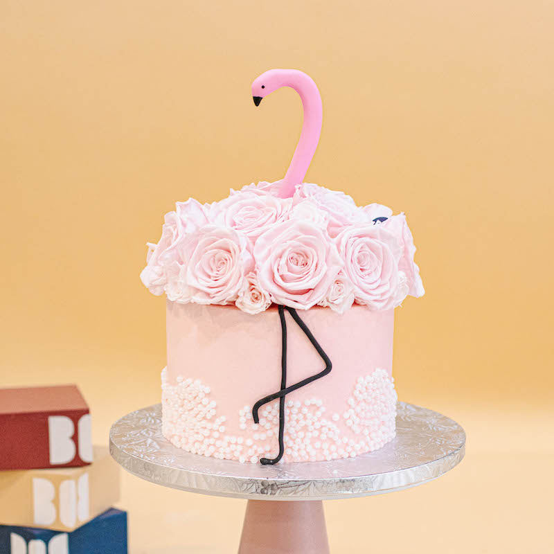 Tropical Flamingo Cake with Bed of Roses