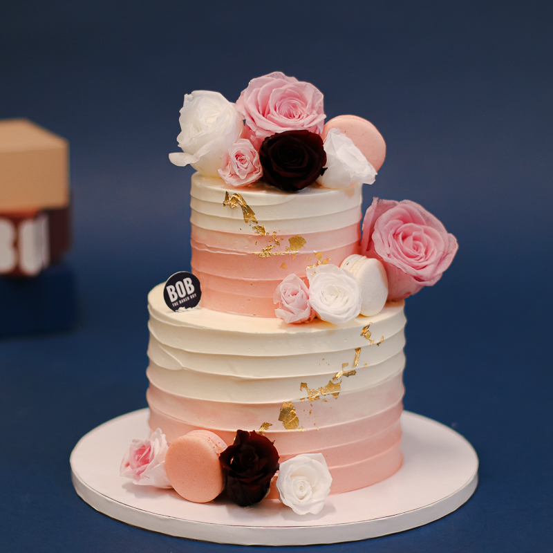 Dusty Rose Peach Ombre Cake with Florals in Shades of Pink