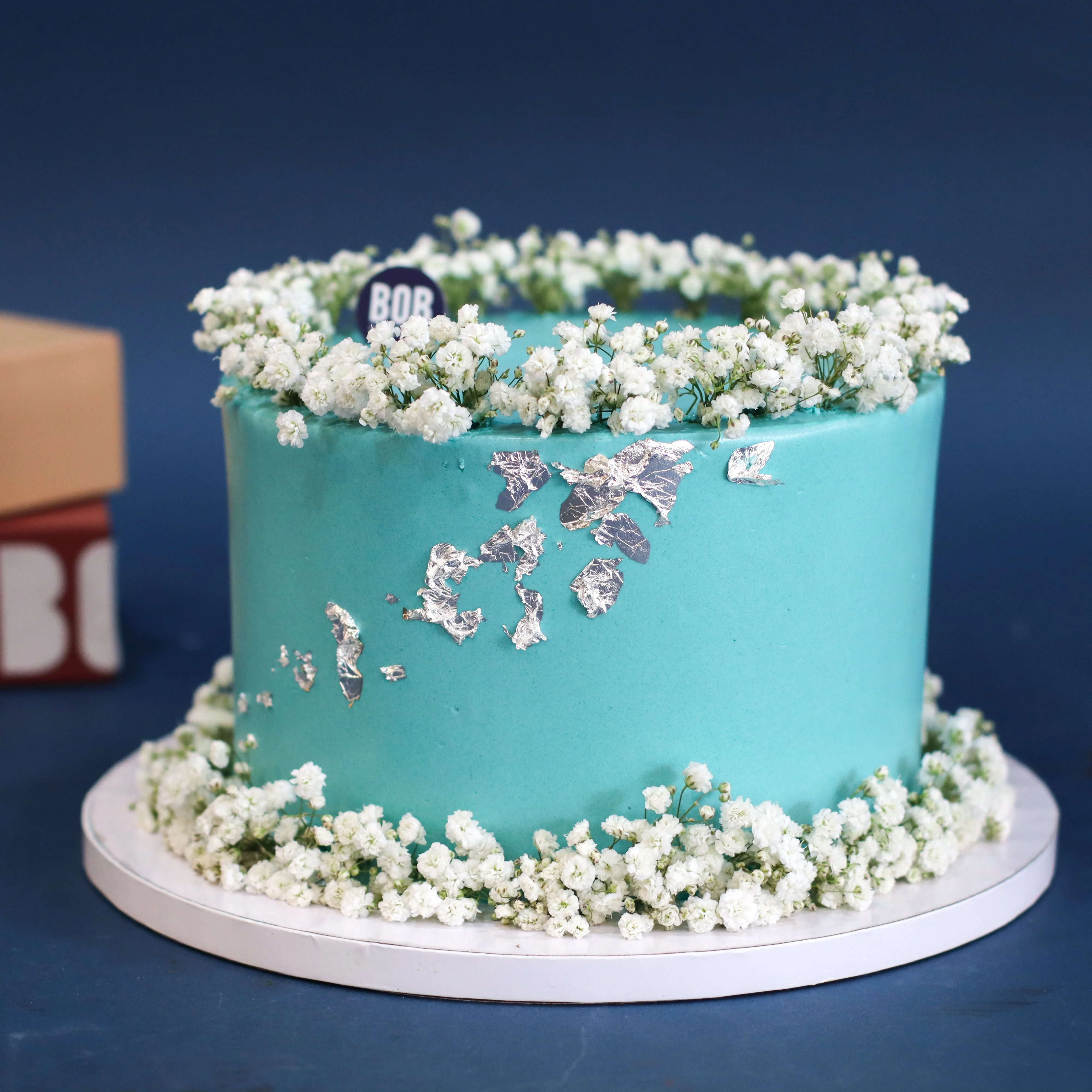 Tiffany Blue Cake with Babies Breath Wreath