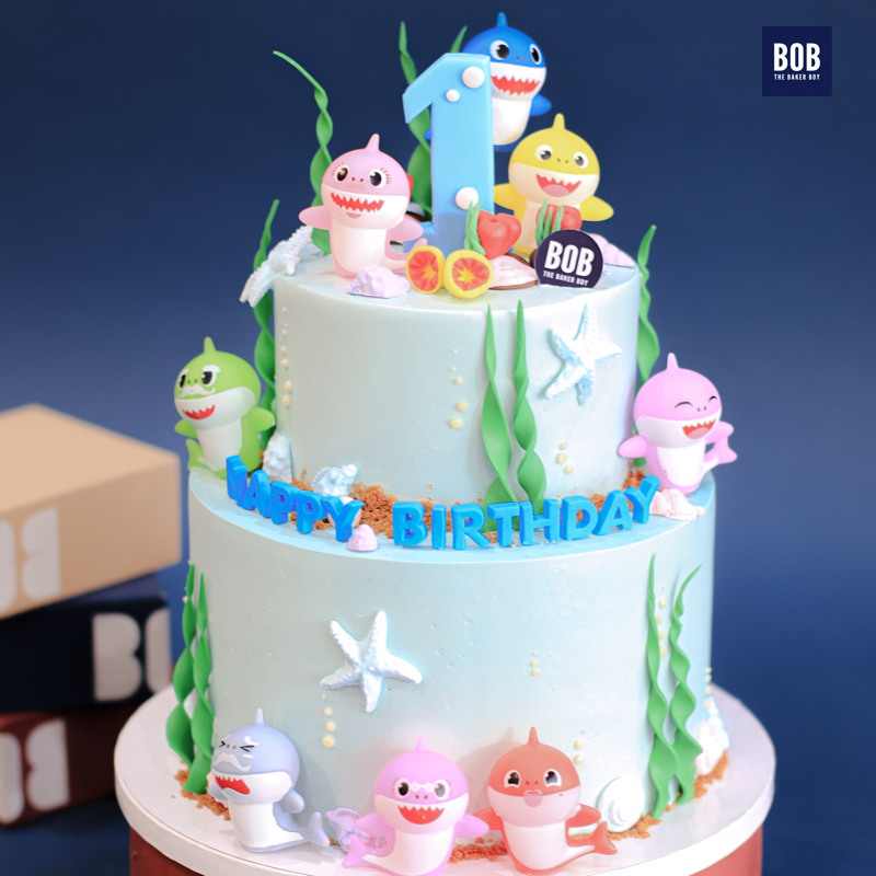 Baby Shark Family Birthday Cake in Pastel Blue