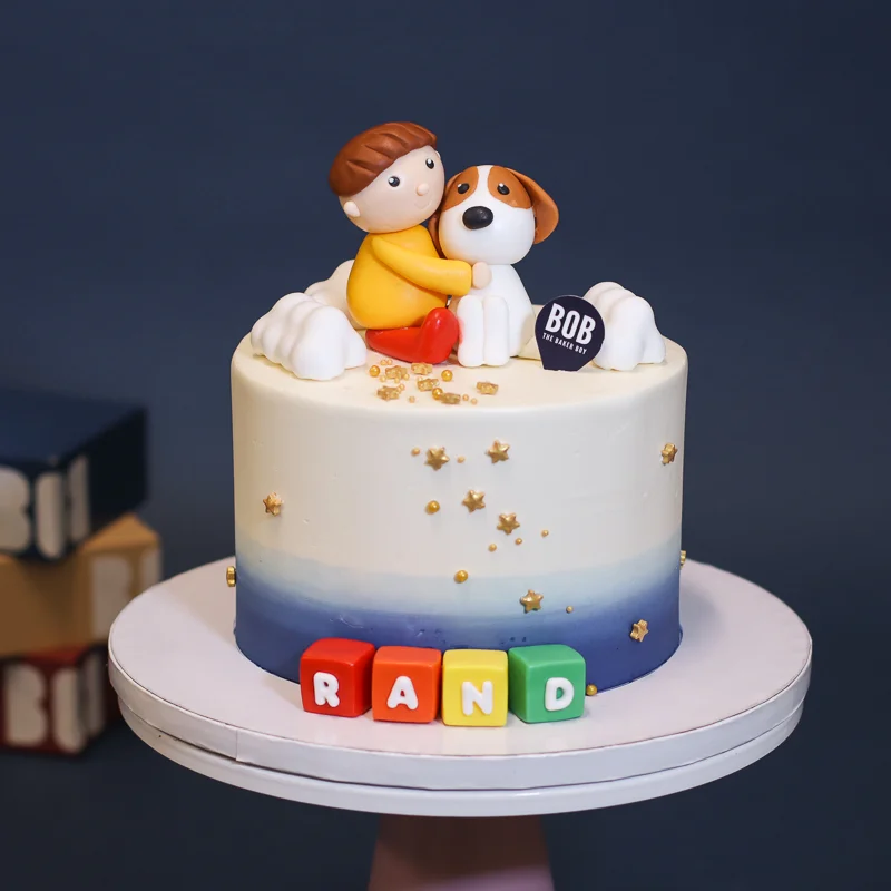 Boy on Puppy Cake in Navy Blue Ombre