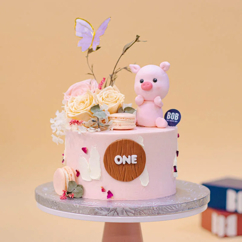 Baby Girl Cute Pig Cake with Pink Florals 