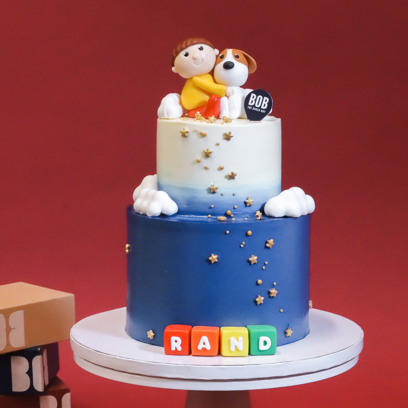 Boy on Puppy Cake in Navy Blue Ombre