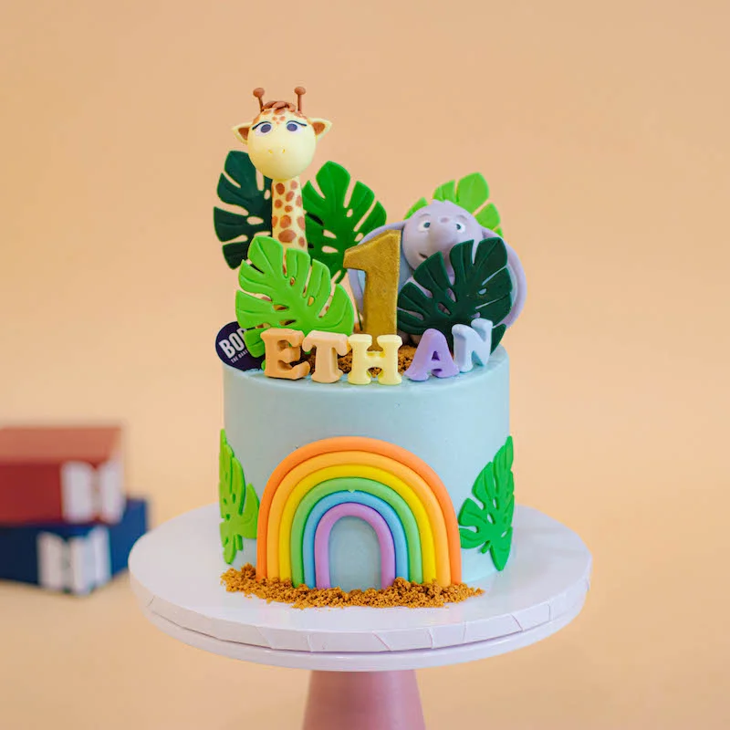 Pastel Safari Themed Cake with Monstera Leaves
