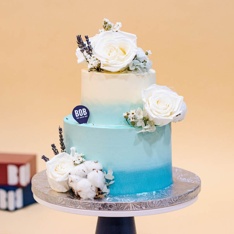 Teal Ombre Cake with White Floral 