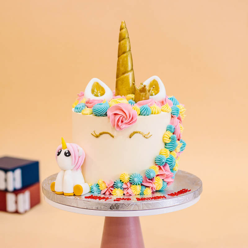 Unicorn Cake with Gold Horn and a Cute Mini Unicorn