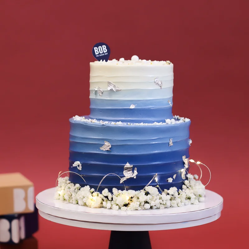 Dusty Royal Blue Ombre Cake with Babies Breath Fairy Lights