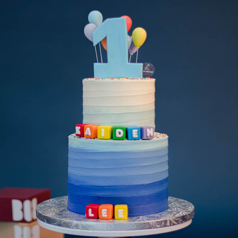Blue Ombre Swirl Cake with Balloons