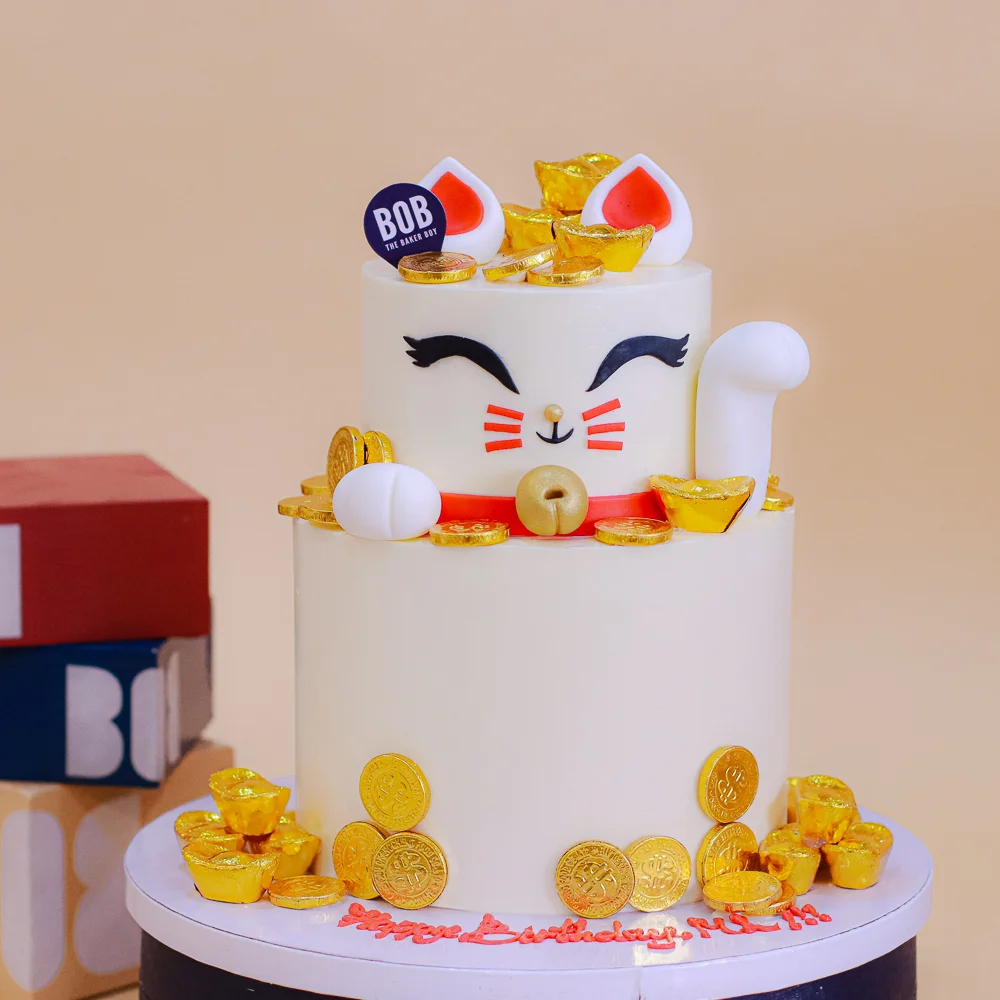 Lucky Fortune Cat Cake with Gold Coins and Ingots