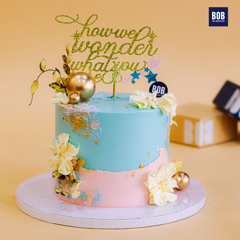 White and Gold Details Gender Reveal Cake