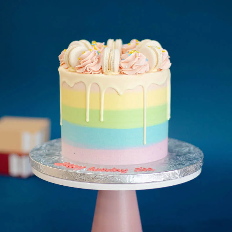 Pastel Rainbow Cake with Macarons