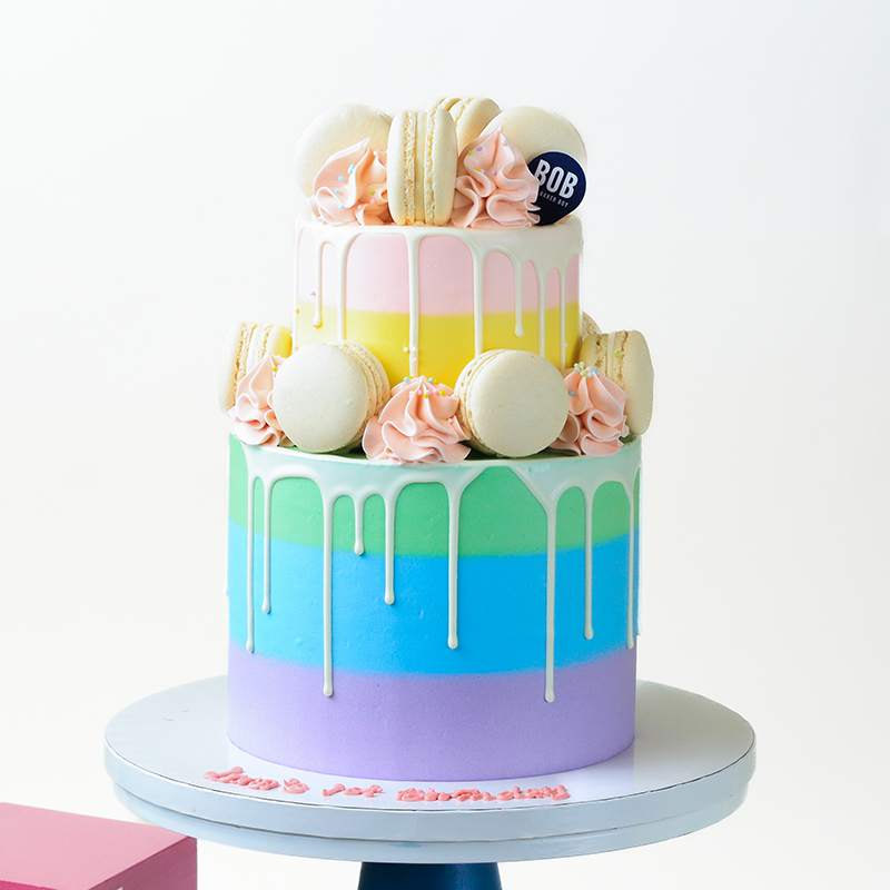 Pastel Rainbow Cake with Macarons