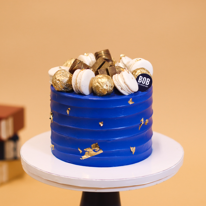 Royal Blue Cake with Chocolates and Macarons