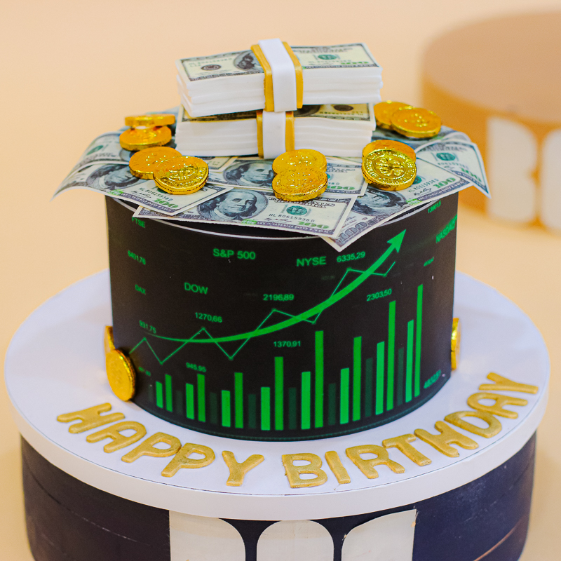 Overflowing Stack of Money and Investments Cake