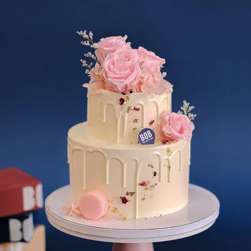 White with Pastel Pink Accent Floral Cake