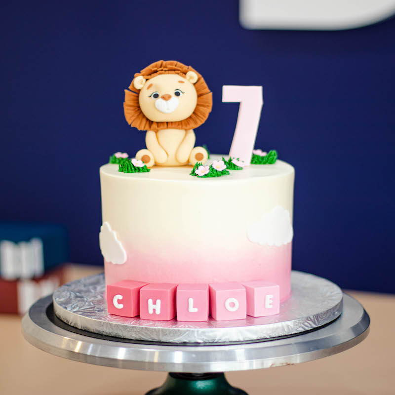 Baby Pink Ombre Lion Cake with Name and Number