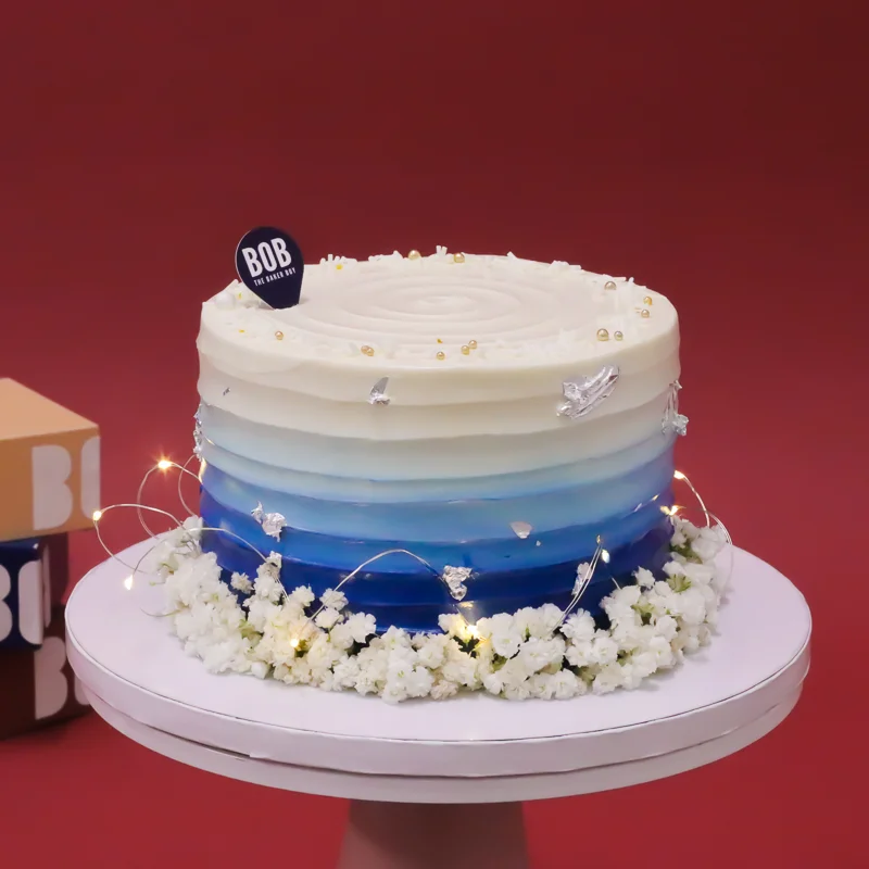 Dusty Royal Blue Ombre Cake with Babies Breath Fairy Lights