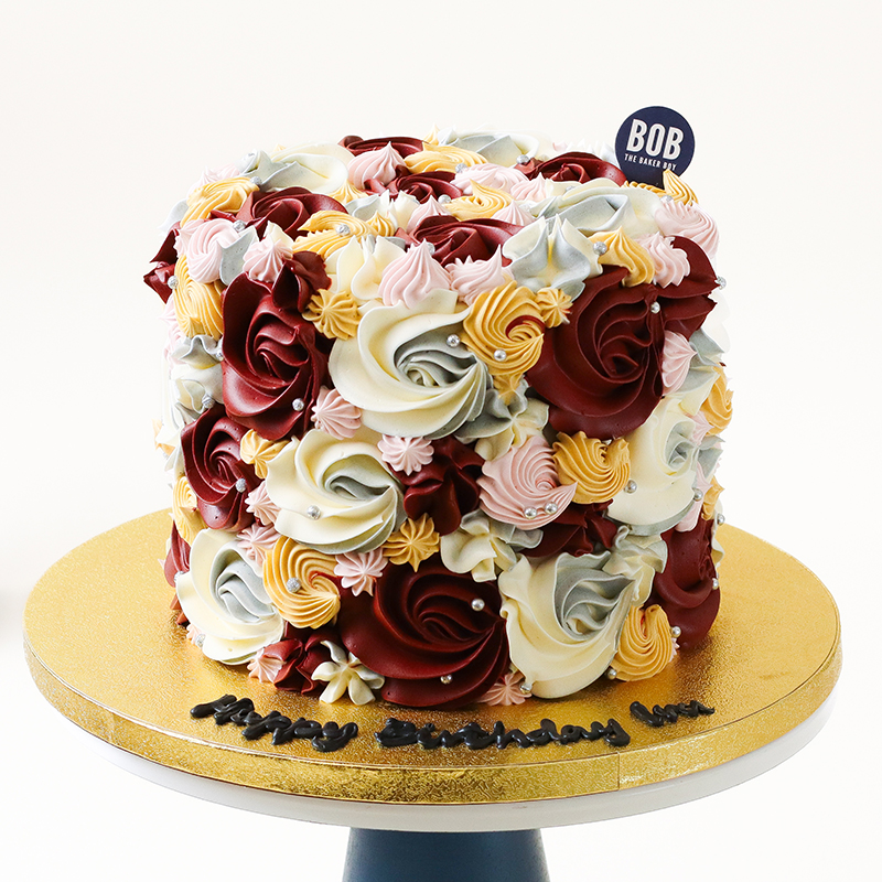 Hand-Piped Burgundy and Marble Floral Cake