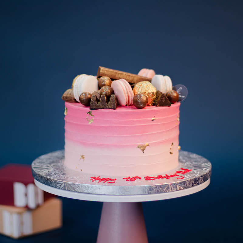 Pink Ombre Cake with Chocolate and Macarons