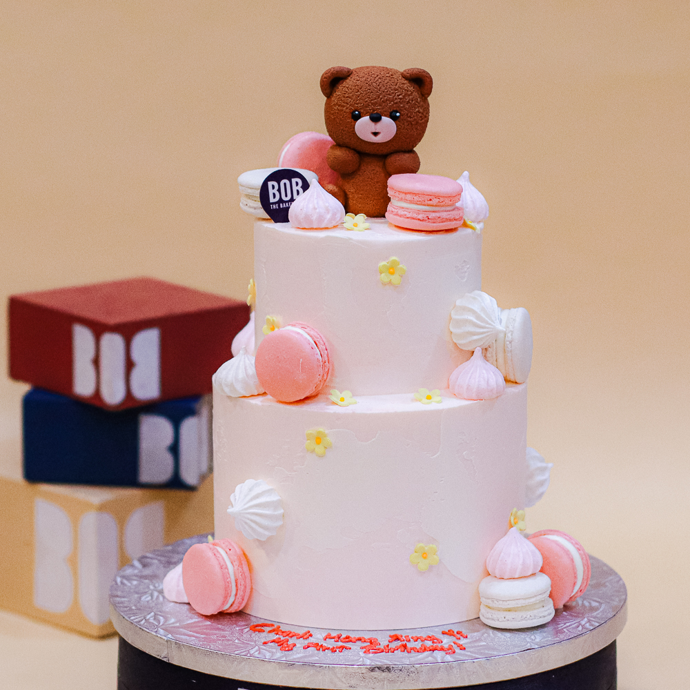 Teddy Bear Cake with Flowers and Macarons