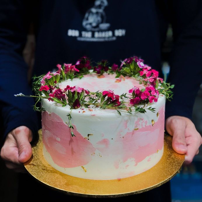 Pink Swirl Cake with Mini Garden Flora