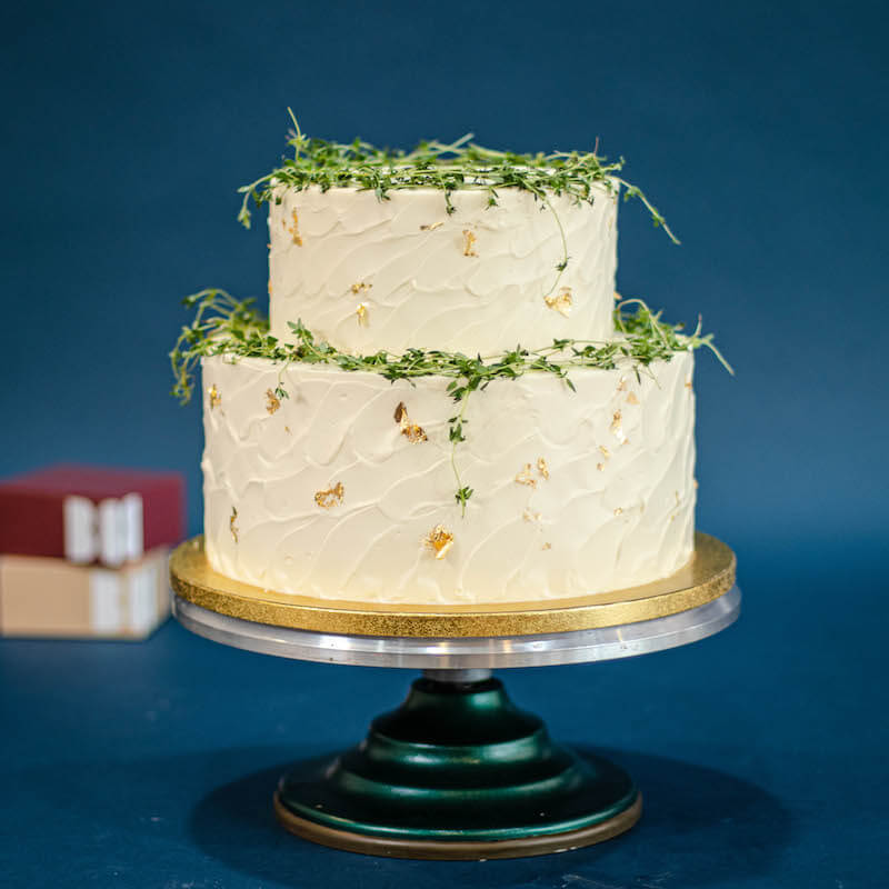 Rustic White Cake with Thyme and Gold Leaves