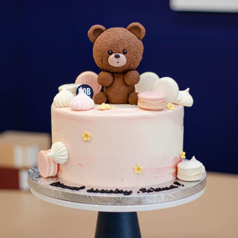 Teddy Bear Cake with Flowers and Macarons